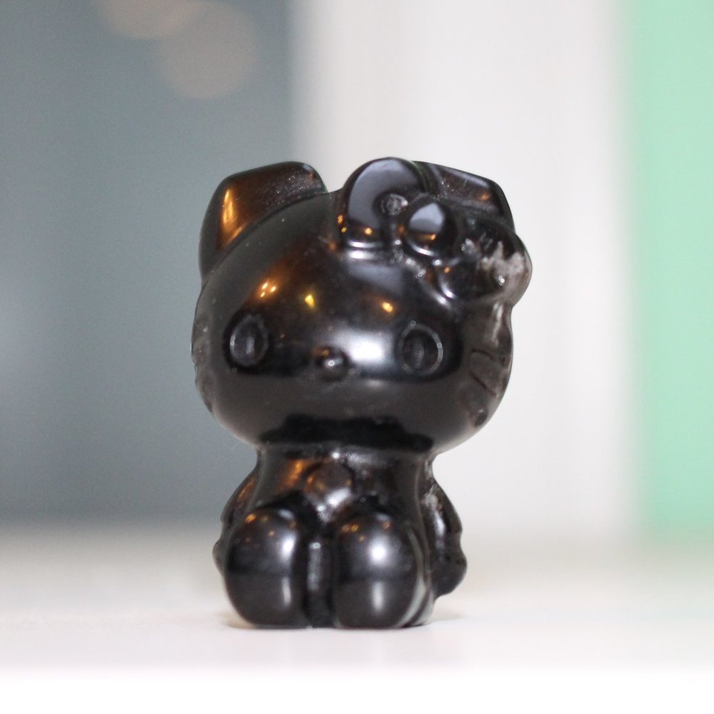 Hello Kitty Black Obsidian Hand Carved Natural Stone Figure